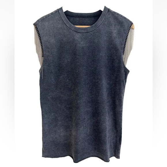 Silver Beaded Fringe Washed Black Grey Western T Shirt Tank Top NWOT Size M - Picture 4 of 9